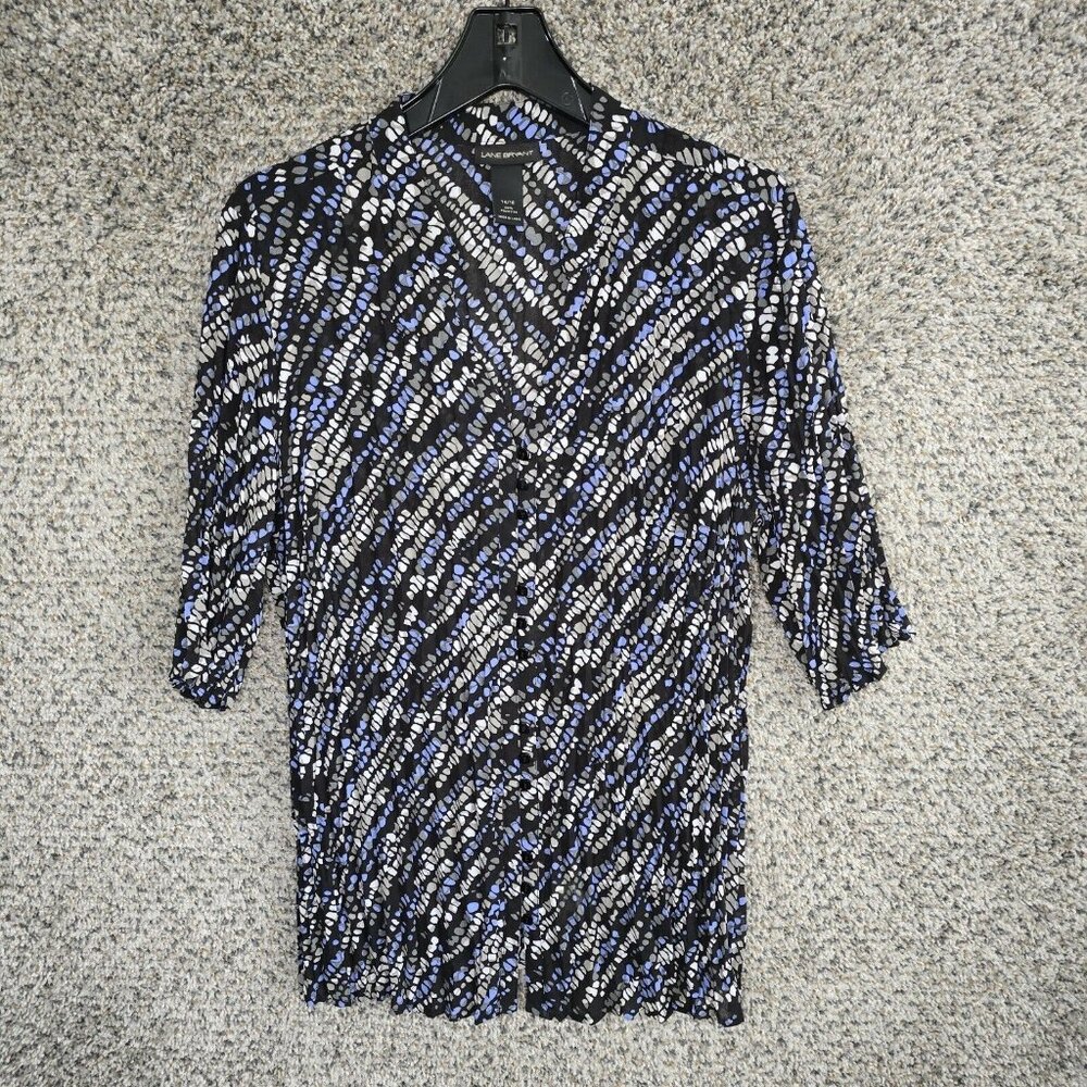 Lane Bryant Top Womens Plus 14/16 Blue Printed Crinkle Button Up Blouse Ladies